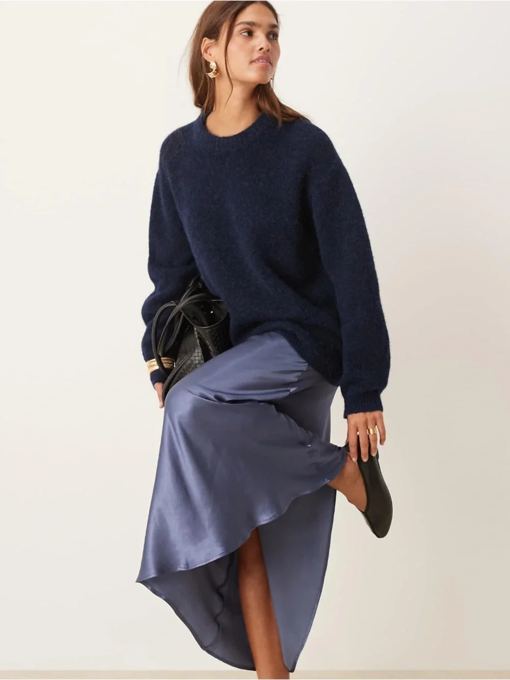 ASOS DESIGN relaxed fit sweater with volume sleeve in alpaca wool blend in navy
